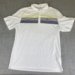 Travis Mathew Polo Shirt Men XL White Stripe Golf White Gray Yellow Cypress Lake